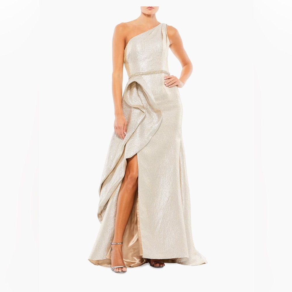 Mac Duggal One-Shoulder Metallic Champagne Evening Gown